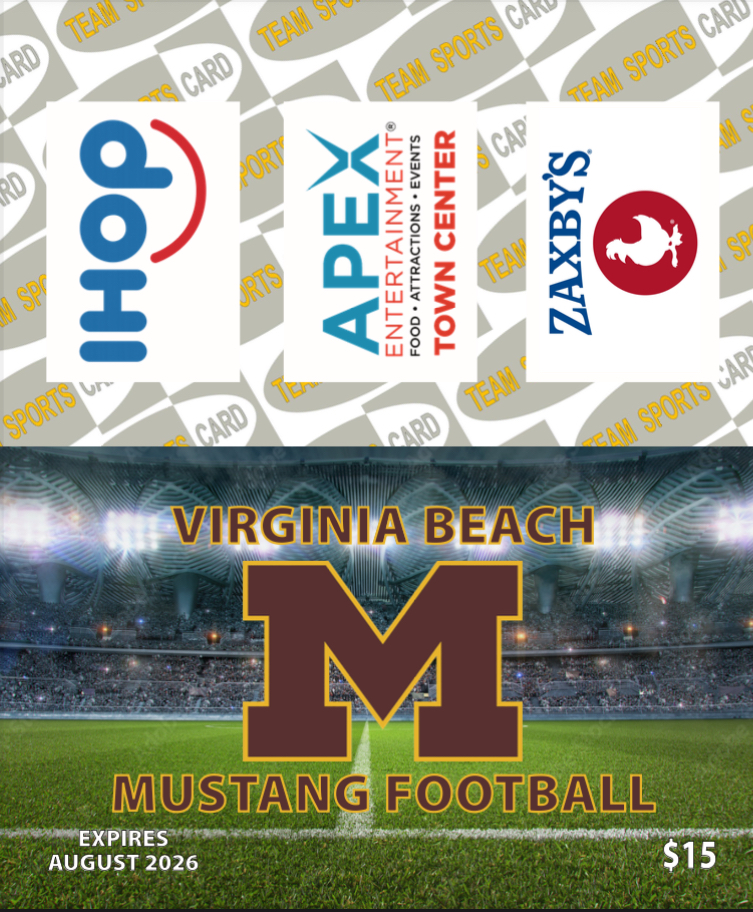 Personalized discount card front, customized with a school name, mascot and sponsor logos