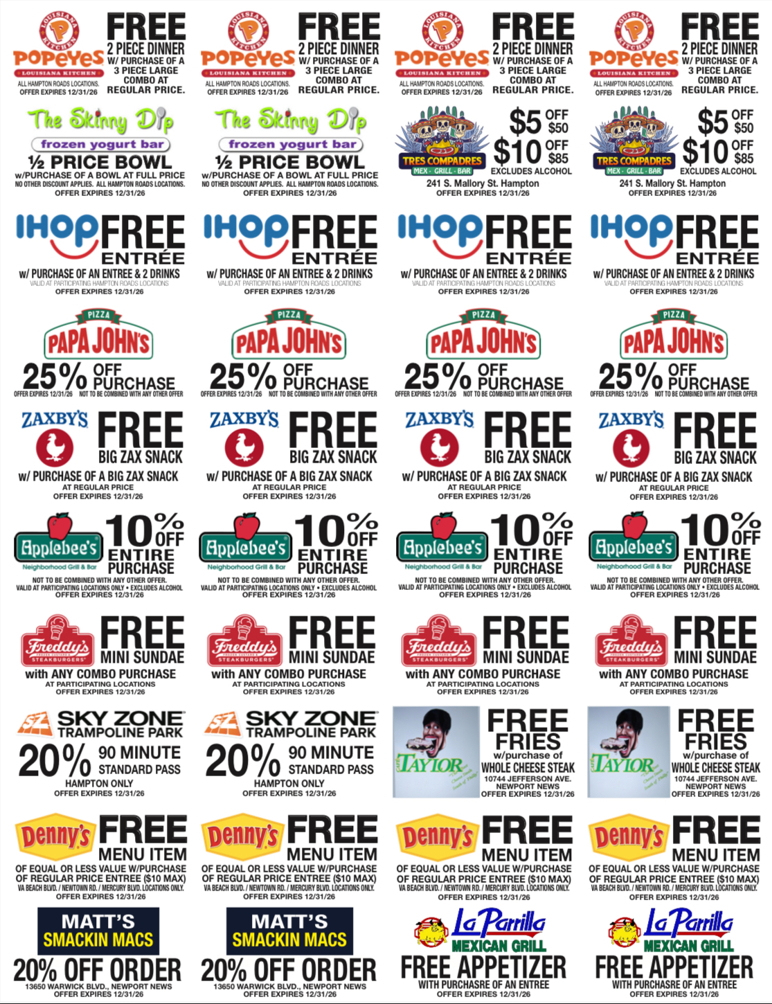 Peninsula coupon sheet with 40 local Hampton Roads discounts